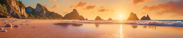 Piękna scena plaży z zachodem słońca nad oceanem Plaża jest piaszczysta, a woda jest spokojna tworząc spokojną atmosferę W tle znajdują się góry, które dodają do malowniczego widoku