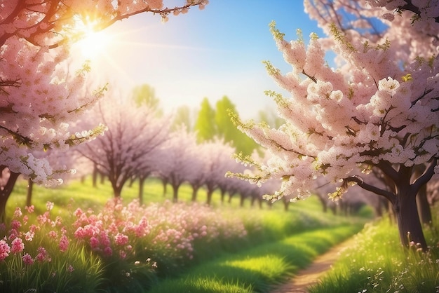 Piękna scena przyrody z kwitnącym drzewem i rozbłyskiem słońca Słoneczny dzień Kwiaty wiosenne Piękny sad Abstrakt niewyraźny tło Wiosna