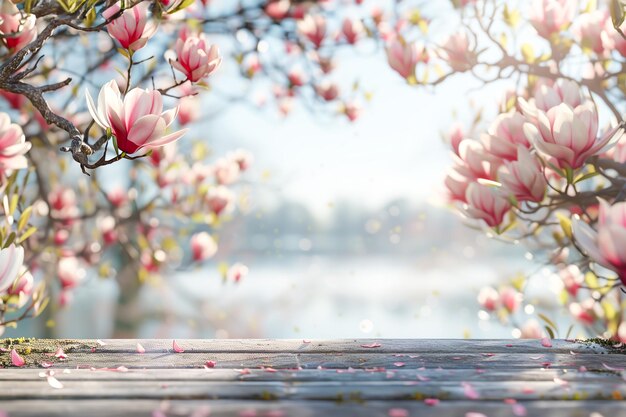 Piękna scena wiosenna na tle kwitnącego ogrodu z cienkimi kwiatami magnolii