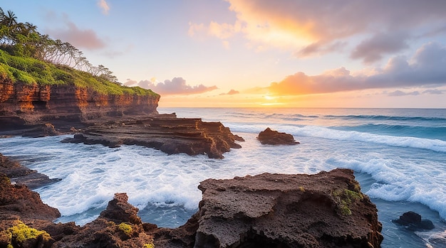 Piękna sceneria formacji skalnych nad morzem w Queens Bath Kauai Hawaje o zachodzie słońca