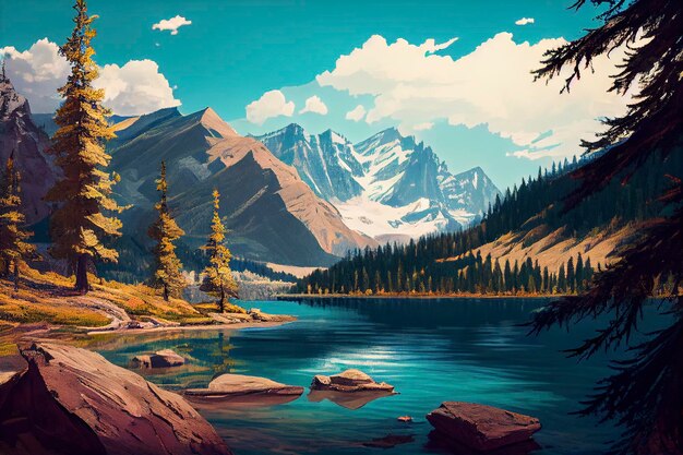 piękna sceneria gór i jezior, kreatywna ai