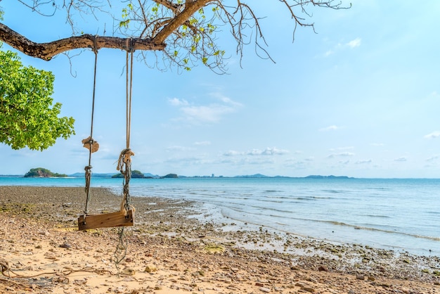 Piękna sceneria huśtawki wiszącej na drzewie na plaży