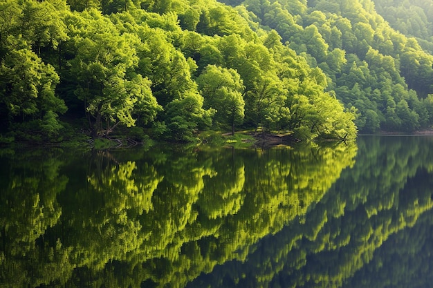 Piękna sceneria jeziora z odbiciem otaczających zielonych drzew