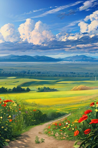 Piękna sceneria tapeta tło komiksowy styl komiksowy na świeżym powietrzu górski dom trawa kwiaty