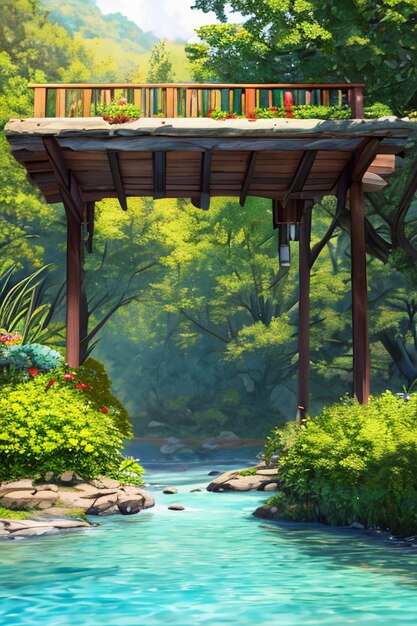Piękna sceneria tapeta tło komiksowy styl komiksowy na świeżym powietrzu górski dom trawa kwiaty