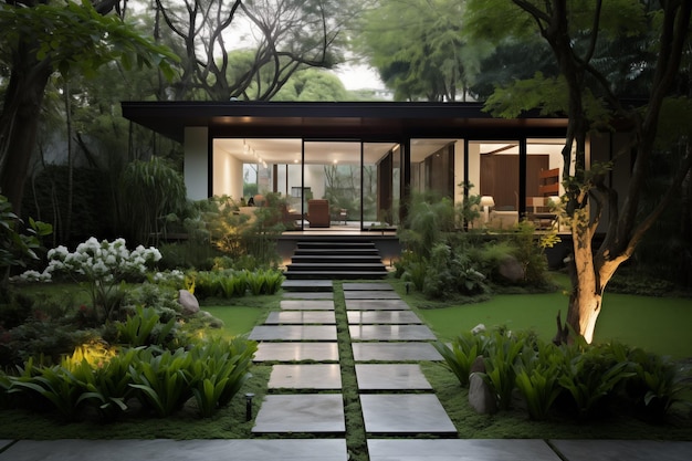 Piękna ścieżka do domu z ogrodem w minimalistycznym stylu.