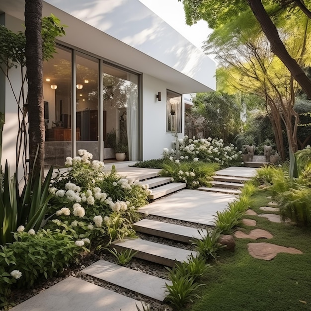 Piękna ścieżka do domu z ogrodem w minimalistycznym stylu.