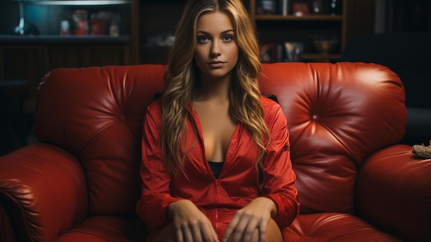 Piękna, seksowna blondynka w czerwonej koszuli siedzi na czerwonej sofa.