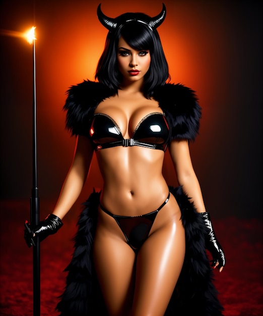 Piękna seksowna kobieta w czarnym kostiumie lateksowym z rogami