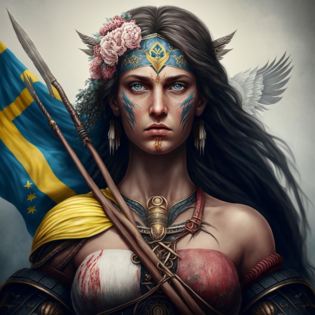 Zdjęcie piękna silna wojowniczka w tradycyjnych strojach gotowa do walki z bronią i niebieską żółtą flagą