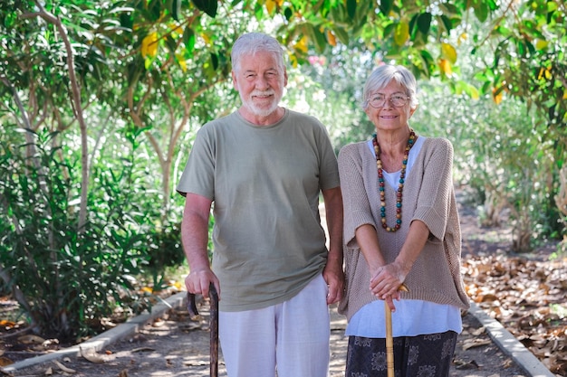 Piękna siwowłosa para starszych spacerująca po lesie za pomocą laski Uśmiechnięci starsi dziadkowie cieszą się zdrowym stylem życia w publicznym parku