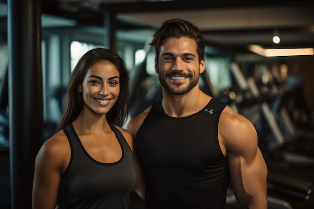 Piękna sportowa kobieta i mężczyzna uśmiechający się trener fitness w siłowni sportowców guma fitness wypracować