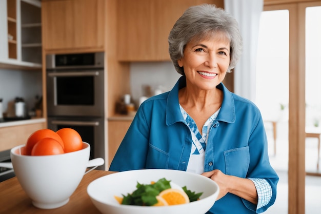 Piękna starsza dojrzała kobieta przygotowuje zdrowe i pyszne jedzenie w kuchni