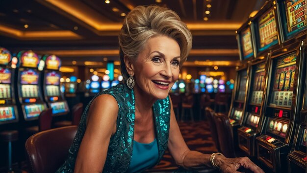 Piękna starsza kobieta grająca w automatach kasynowych.