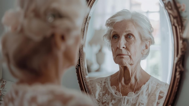 Zdjęcie piękna starsza kobieta w pobliżu lustra w pokoju