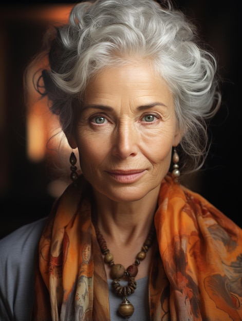 Piękna starsza pani niesamowita starość seniorita babcia babcia starsza kobieta siwe włosy portret ładny wesoły szczęśliwy zabawa ładny uśmiechnięty modny