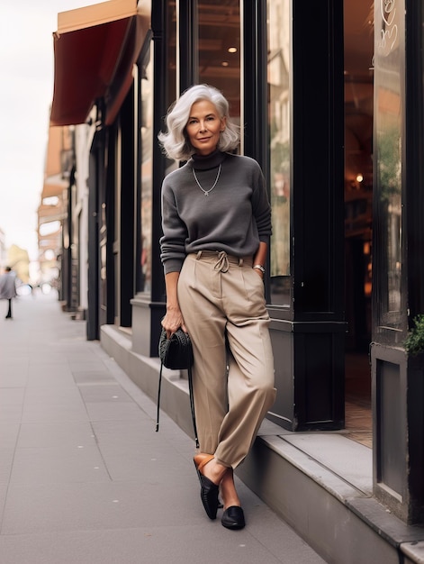Piękna starsza pani z siwymi włosami, pozująca stojąca na ulicy europejskiego miasta, wspaniała starsza kobieta, modelka, portret blogera streetstyle