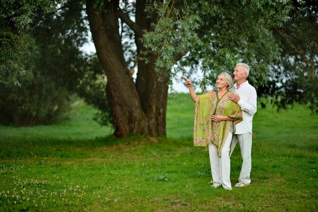 Piękna starsza para przytulająca się w parkowej kobiecie wskazującej palcem