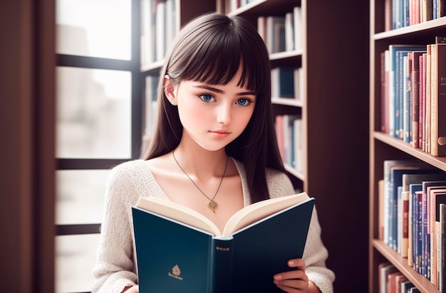 Piękna studentka czyta książkę w bibliotece na tle regałów Generative AI