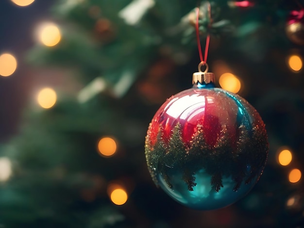 Zdjęcie piękna świąteczna piłka na drzewie rozmyta