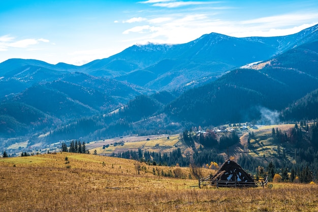 Piękna świeża przyroda Karpat przedstawiona jest w wysokich wzgórzach kolorowych lasów, zielonych łąk i niezwykłego błękitu nieba