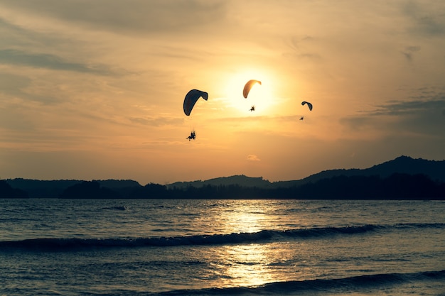 Piękna Sylwetka Latający W Niebie Zmierzch Na Plaży Paraglider.