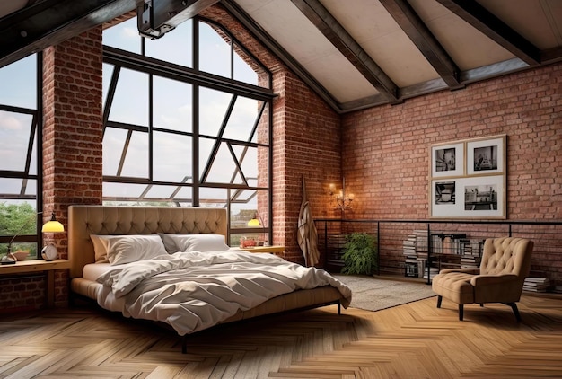Piękna sypialnia na poddaszu z łóżkiem i fotelem przy ścianie z cegły