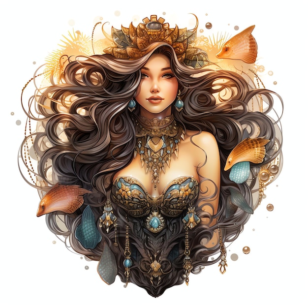 piękna Syrenka z tronem z muszli ozdobionym perłami Czarny gotycki akwarela clipart