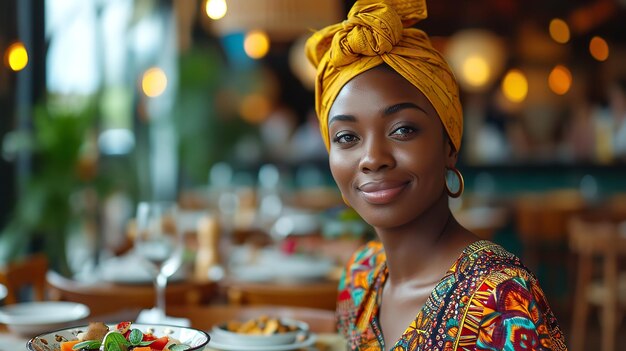 Piękna, szczęśliwa Afrykanka jedząca posiłek w restauracji z dużą przestrzenią do kopiowania. Generacyjna sztuczna inteligencja