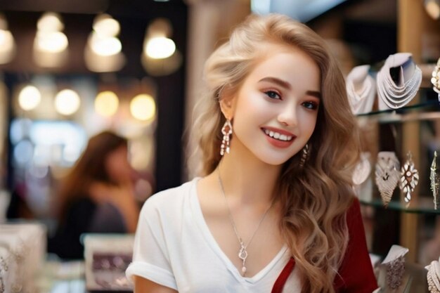 Piękna szczęśliwa dziewczyna z białą skórą i piękną twarzą kupuje kolczyki w sklepie z biżuterią