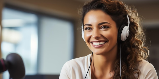 Piękna, szczęśliwa młoda gospodarzka radiowa nadająca w studio za pomocą komputera i słuchawek