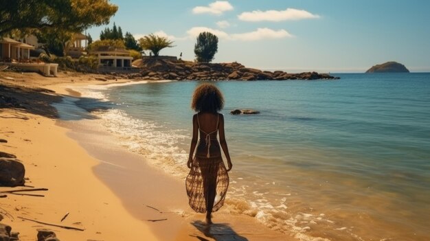 Piękna, szczupła afrykańska kobieta spacerująca po plaży i patrząca na morze Generatywna sztuczna inteligencja