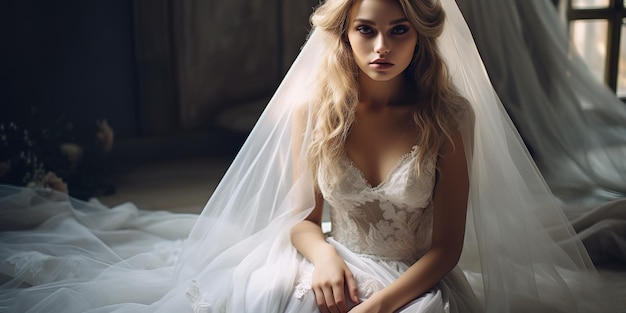 Piękna szczupła blondynka siedzi na podłodze w długiej białej sukni