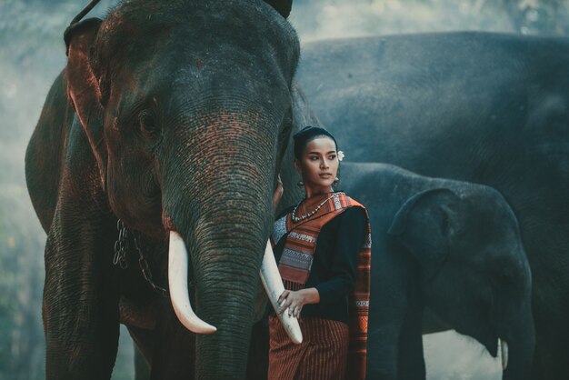 Piękna Tajlandzka Kobieta Wydaje Czas Z Słoniem W Dżungli
