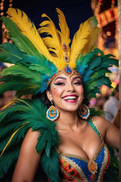 Zdjęcie piękna tańcząca i uśmiechnięta kobieta w brazylijskim kostiumie karnawałowym