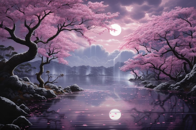 Piękna tapeta 3D z przyrodą i krajobrazem Japoński Park z drzewem wiśni