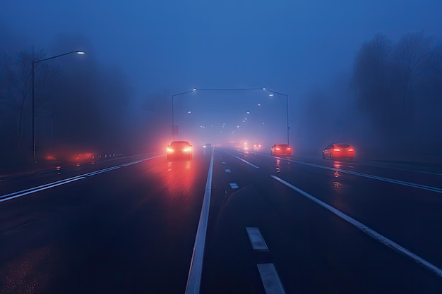 Piękna tapeta samochodu poruszającego się po mglistej leśnej drodze w Shimoga lub ShivamoggaKarnataka w Indiach z włączonymi reflektorami lub reflektorami Słaba widoczność z powodu gęstej mgły