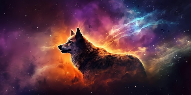 Piękna tapeta z grafikami zwierząt wilka wpatrująca się w przestrzeń przed galaktyką Hd