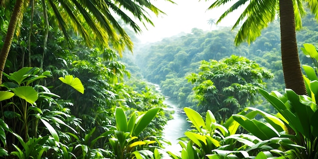 Piękna tapeta z tropikalnym krajobrazem Dżungla z palmami rzecznymi drzewami i innymi dzikimi wiecznie zielonymi roślinami Ilustracja lasów deszczowych tropikalnych Generatywna sztuczna inteligencja