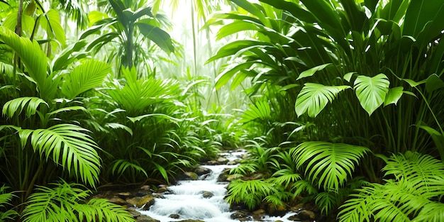 Piękna tapeta z tropikalnym krajobrazem Dżungla z rzecznymi palmami i innymi dzikimi wiecznie zielonymi roślinami Ilustracja tropikalnego lasu deszczowego Nieskazitelna natura Generatywna sztuczna inteligencja