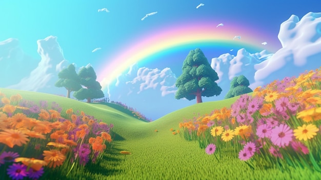 Piękna tęcza i zielone pole z różnymi kolorowymi drzewami i niebieskim niebem z chmurami