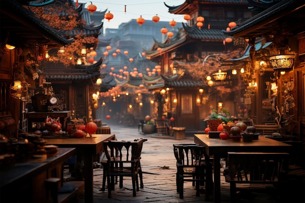 Piękna tradycyjna chińska wioska ozdobiona czerwonymi latarniami w deszczowy dzień