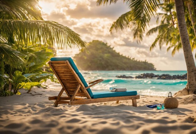 Piękna tropikalna plaża i morze z palmą kokosową o zachodzie słońca