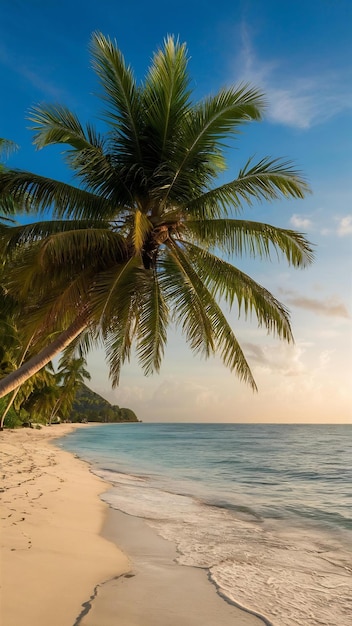 Piękna tropikalna plaża, morze i ocean z palmą kokosową o wschodzie słońca