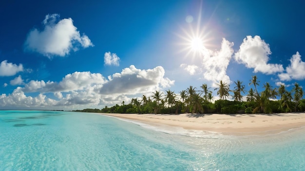 Piękna tropikalna plaża, morze, ocean, kokosowa palma, białe chmury, niebieskie niebo na wakacje.