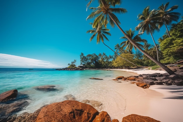 Piękna tropikalna plaża na świeżym powietrzu i morze w fotografii rajskiej wyspy