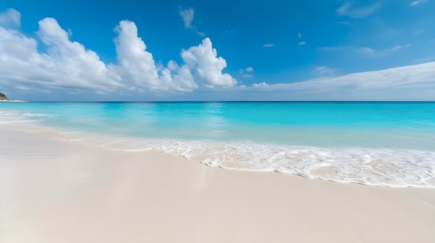 Piękna tropikalna plaża z białym piaskiem i turkusowym oceanem na tle błękitnego nieba koncepcja tropikalnego lata AI generowane