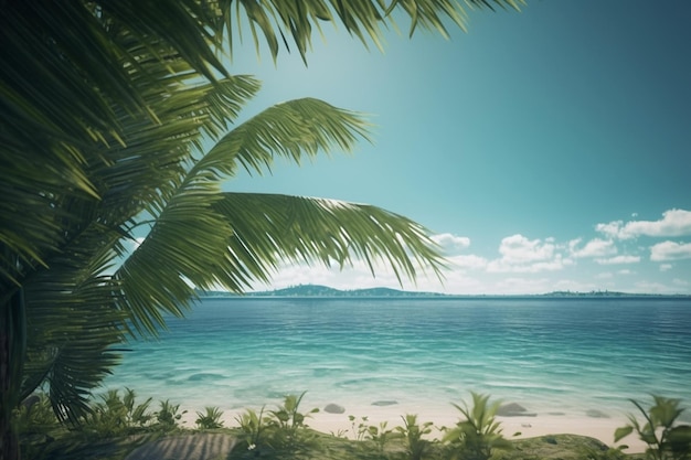 Piękna tropikalna plaża z palmami kokosowymi i niebieskim generatywnym filtrem skyvintage ai