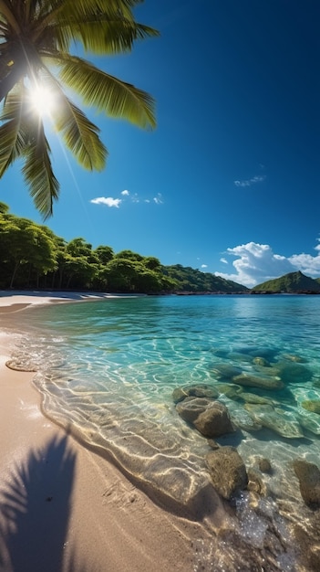 Piękna tropikalna plaża z palmami, słońcem i czystym oceanem