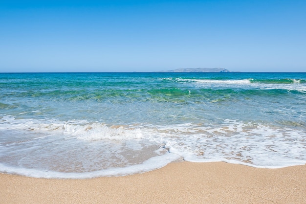 Piękna tropikalna plaża z turkusową wodą i białym piaskiem. Plaża Malia, Kreta, Grecja.